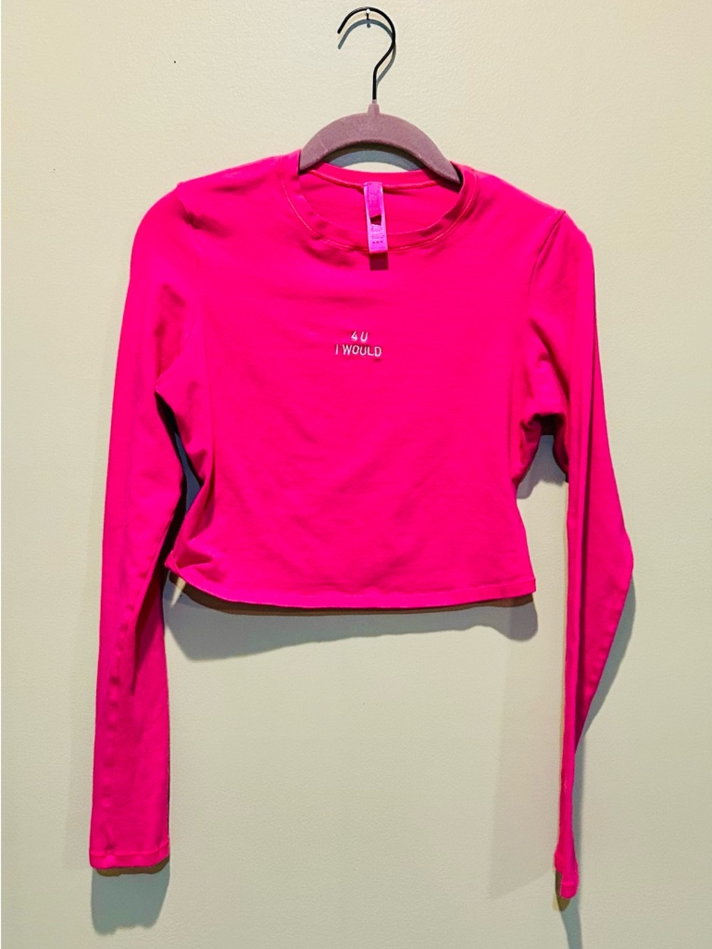 Skims Hot Pink Long Sleeve Crop Top - '4 U I WOULD' Graphic